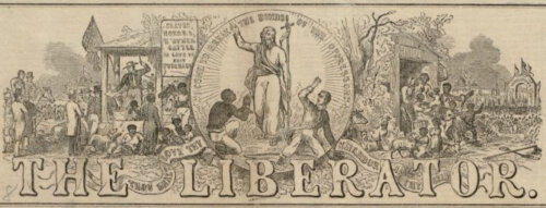 Three scenes. On the left is a slave auction with an American flag. The center image is Jesus Christ casting aside a white man while a black man kneels before him. The right scene shows a group of black people and children moving toward an arch that says emancipation.