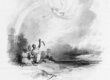An illustration of a Black family at the edge of an island reaching up to an angel blowing a trumpet.