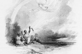 An illustration of a Black family at the edge of an island reaching up to an angel blowing a trumpet.