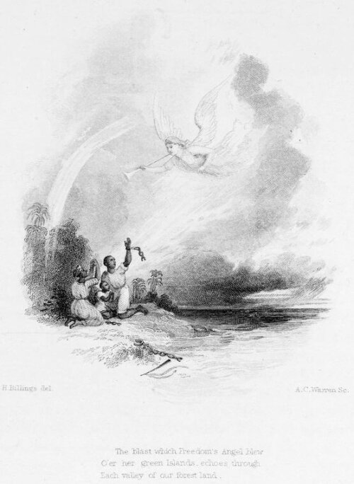 An illustration of a Black family at the edge of an island reaching up to an angel blowing a trumpet.