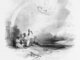 An illustration of a Black family at the edge of an island reaching up to an angel blowing a trumpet.