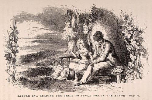 An illustration of a small white girl and a black man in a suit sitting on a bench in a clearing surrounded by foliage. The girl has a book on her lap.