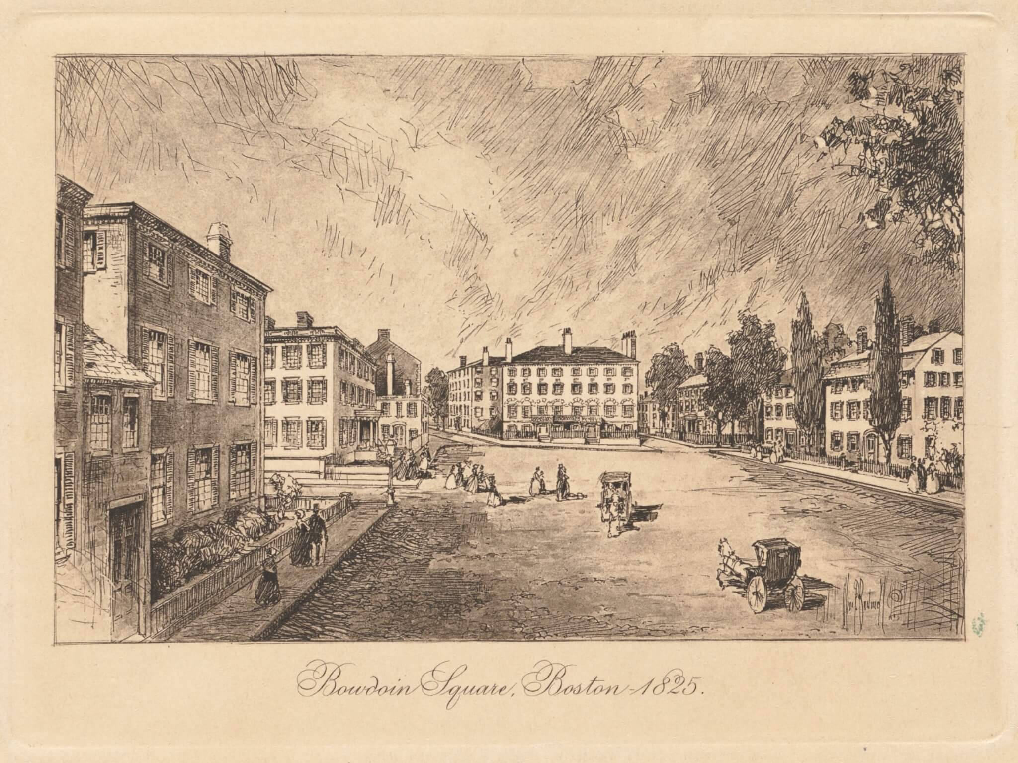 An illustration of a city square full of carriages with three story brick and granite mansions lining the street.
