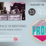 A pale blue background with an image of people holding a banner that says rightfully proud in the upper left and a button saying the same thing in the lower right.
