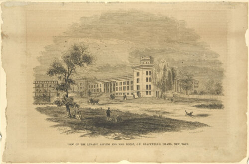 An engraving of a long and low building with an octagon section. It stands behind a park with several trees and people sitting on the grass.