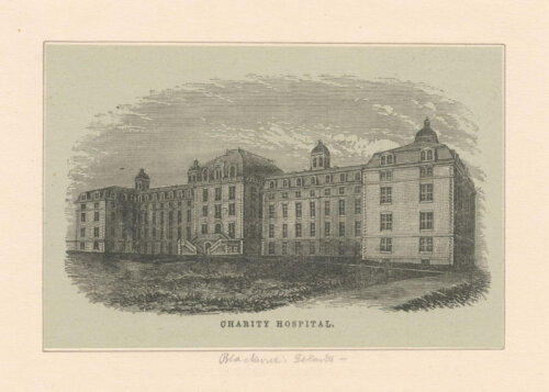 An etching of a five story institutional building with a central section flanked by two wings.