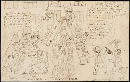 An illustration on yellowed paper of a group of men attacking another man while throwing books out of a building.