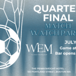 A blue gradient background with an image of a soccer ball in the corner with the title Quarter Final Match Watch Party.