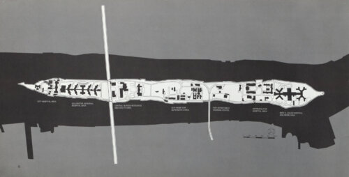 A top down illustration of a long narrow island showing several buildings across the island. A bridge crosses through the island.