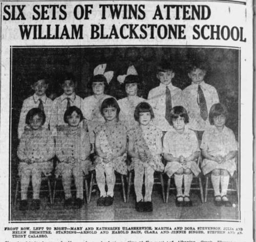 A newspaper clipping with six pairs of children, each wearing matching outfits.