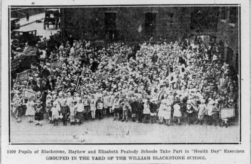 A large crowd of children stand in a school yard holding flags and signs.