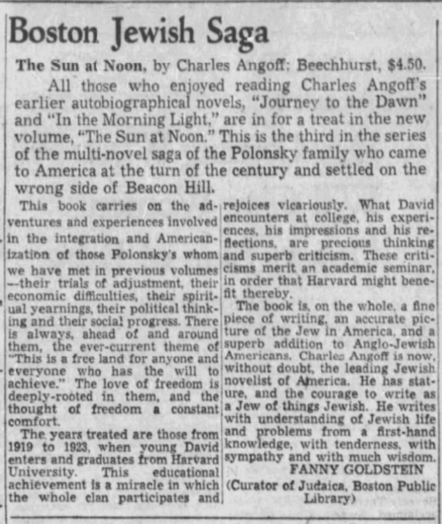 A newspaper clipping titled "Boston Jewish Saga" that reviews The Sun at Noon by Charles Angoff.