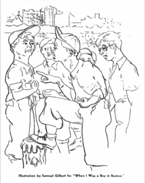 An illustration of five young boys in baseball clothes in a park near a city. The boy in front is pointing a finger at another boy accusingly.