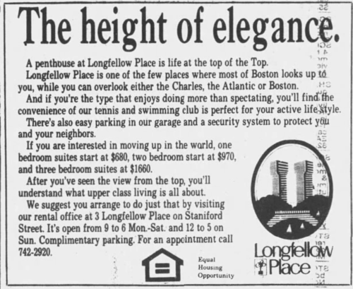 A newspaper ad for Longfellow Place calling it "The height of elegance".