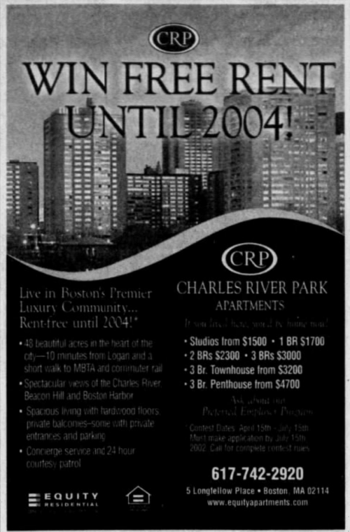 Ad for Charles River Apartments that says "Win Free Rent Until 2004!"