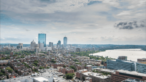 A view of Boston, including Mass General Hospital, downtown, and the Back Bay as seen from the West End.