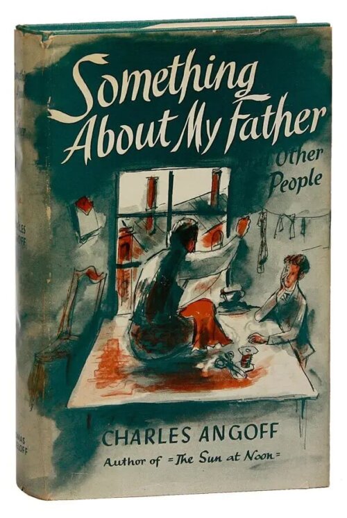 A book cover that says "Something About My Father and Other People" with an image of a man sitting on a table sewing in front of a window while a boy looks on.