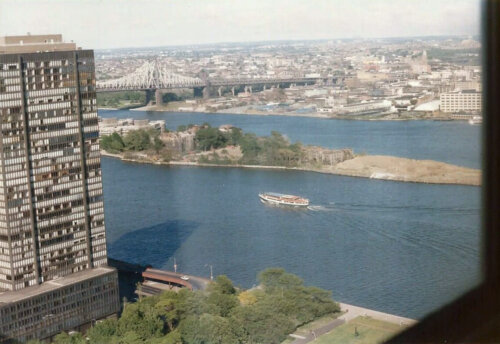 A shot of an island in a river from a high rise building.