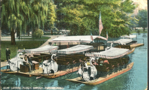 A postcard showing three swan boats on a pond next to willow trees.