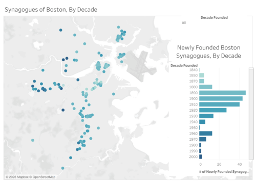 A map of Boston showing blue dots indicating when and where synagogues were established.