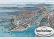 An illustrated postcard illustration of two railway centers on either side of a channel. There are boats in the water.