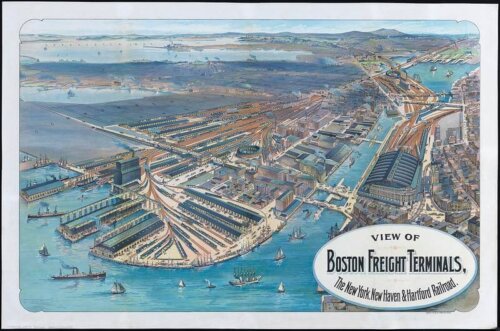 An illustrated postcard illustration of two railway centers on either side of a channel. There are boats in the water.