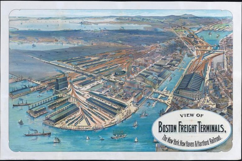 An illustrated postcard illustration of two railway centers on either side of a channel. There are boats in the water.