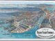 An illustrated postcard illustration of two railway centers on either side of a channel. There are boats in the water.