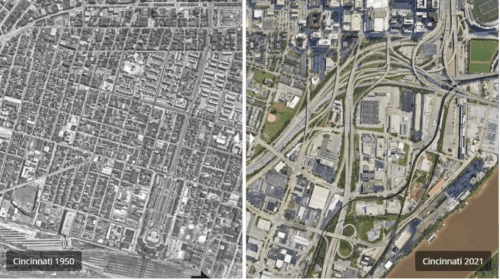 Two aerial images of the same area. The one on the left is in black and white and shows a dense neighborhood. The one on the right is in color and shows the same area criss crossed by highways.