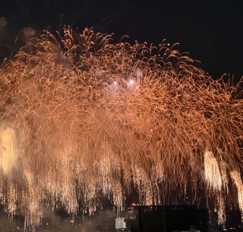 A red and gold fireworks display with a few buildings below and a dark sky behind it.