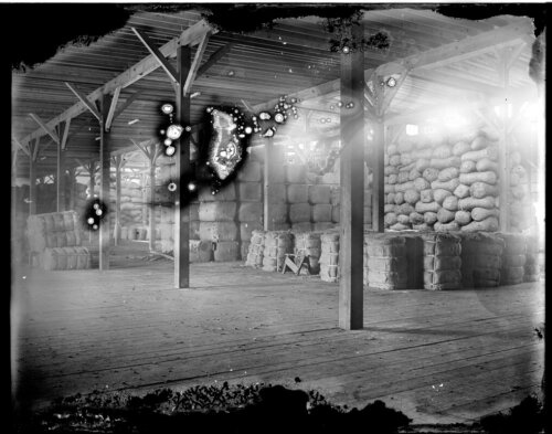 A warehouse interior showing piles of stacked rolls of wool. The photo negative is damaged.