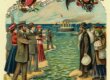 A postcard showing Jewish immigrants on either side of an ocean with a boat in between. On the right are traditionally dressed Jews with bundles of clothes. On the left are Americanized jews holding out their arms under the American Eagle.