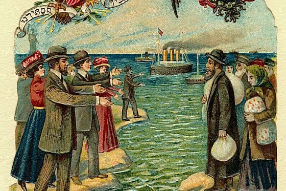 A postcard showing Jewish immigrants on either side of an ocean with a boat in between. On the right are traditionally dressed Jews with bundles of clothes. On the left are Americanized jews holding out their arms under the American Eagle.