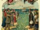 A postcard showing Jewish immigrants on either side of an ocean with a boat in between. On the right are traditionally dressed Jews with bundles of clothes. On the left are Americanized jews holding out their arms under the American Eagle.