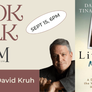 An image of a book cover on the right side of a banner showing a nurse holding a baby. There is an image of a man in the center and a title that says Book Talk.