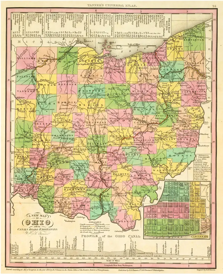 Map of Ohio with a more detailed map of the Cincinnati in the lower right corner. The counties are colored in.