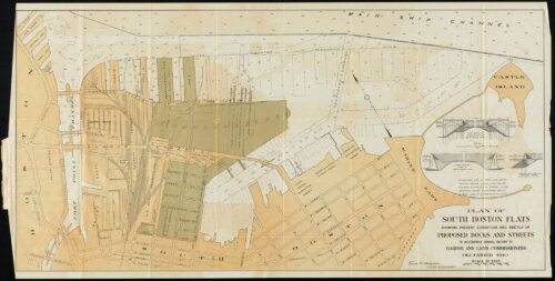 A sepia colored map showing existing wharves and planned wharves stretching into the water.