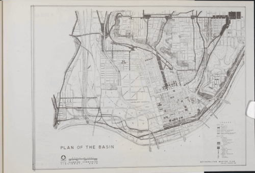 A map of a section of the city. The lower left side of the city is being cut through by a large highway while other sections have more density.