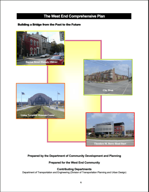 The cover of a government plan showing four images of buildings over a yellow rectangle. The title says The West End Comprehensive Plan.