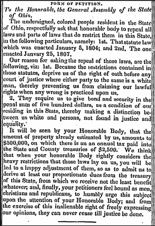 A newspaper clipping title Form of petition with a list of reasons to repeal a law.