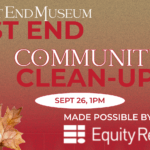 A gradient background of gold and red with autumn leaves in front of it. The title says West End Community Clean-Up.