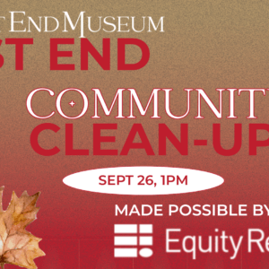 A gradient background of gold and red with autumn leaves in front of it. The title says West End Community Clean-Up.
