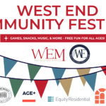 A white background with textured red dots. In the front there are several logos under a banner of flags. The title says West End Community Festival