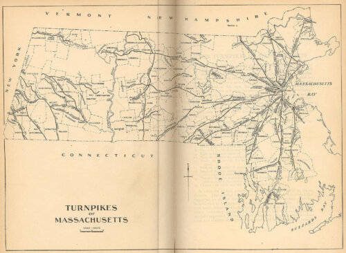 A map of Massachusetts showing turnpike roads, most of which lead to Boston.