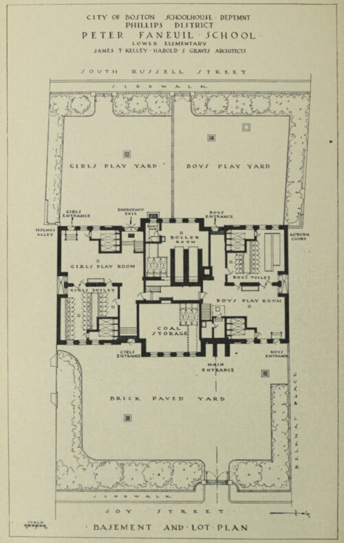 A floor plan of a basement story of a school showing separate areas for boys and girls.