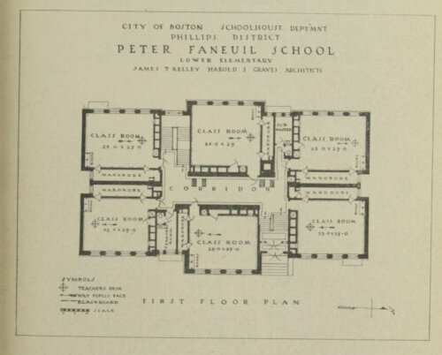 A floor plan of a second story of a school with six classrooms.