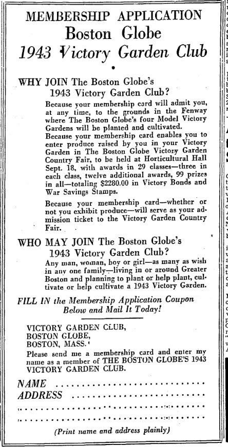 A newspaper clipping with the title Membership application Boston Globe 1943 Victory Garden Club.