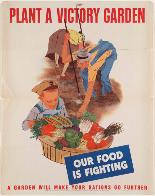An illustrated propaganda poster showing children and elderly working in a garden.