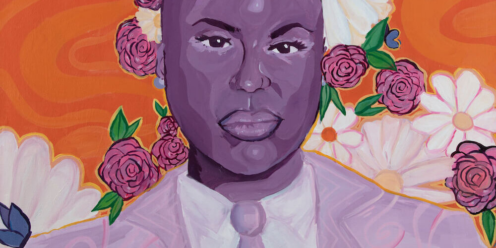 A stylized portrait of Congresswoman Ayanna Pressley with an orange background covered in flowers.