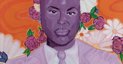 Power Looks Like Us A stylized portrait of Congresswoman Ayanna Pressley with an orange background covered in flowers.